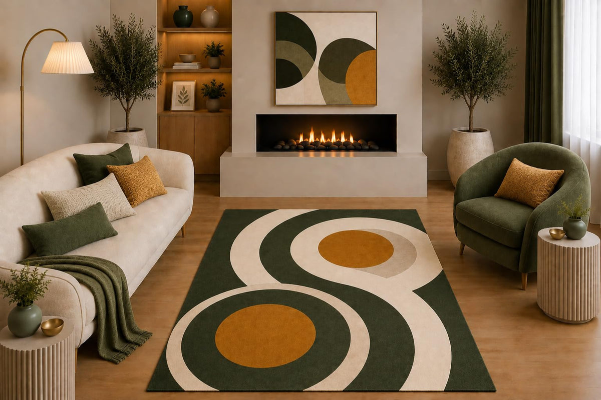 ICE ARMOR "Ultra Light Weight 5' x 7' Mid Century Modern Area Rug Olive Green Mustard Beige Abstract Circle Design for Living Room Bedroom Dining Room Non-Slip Silicone Backing Low Pile
