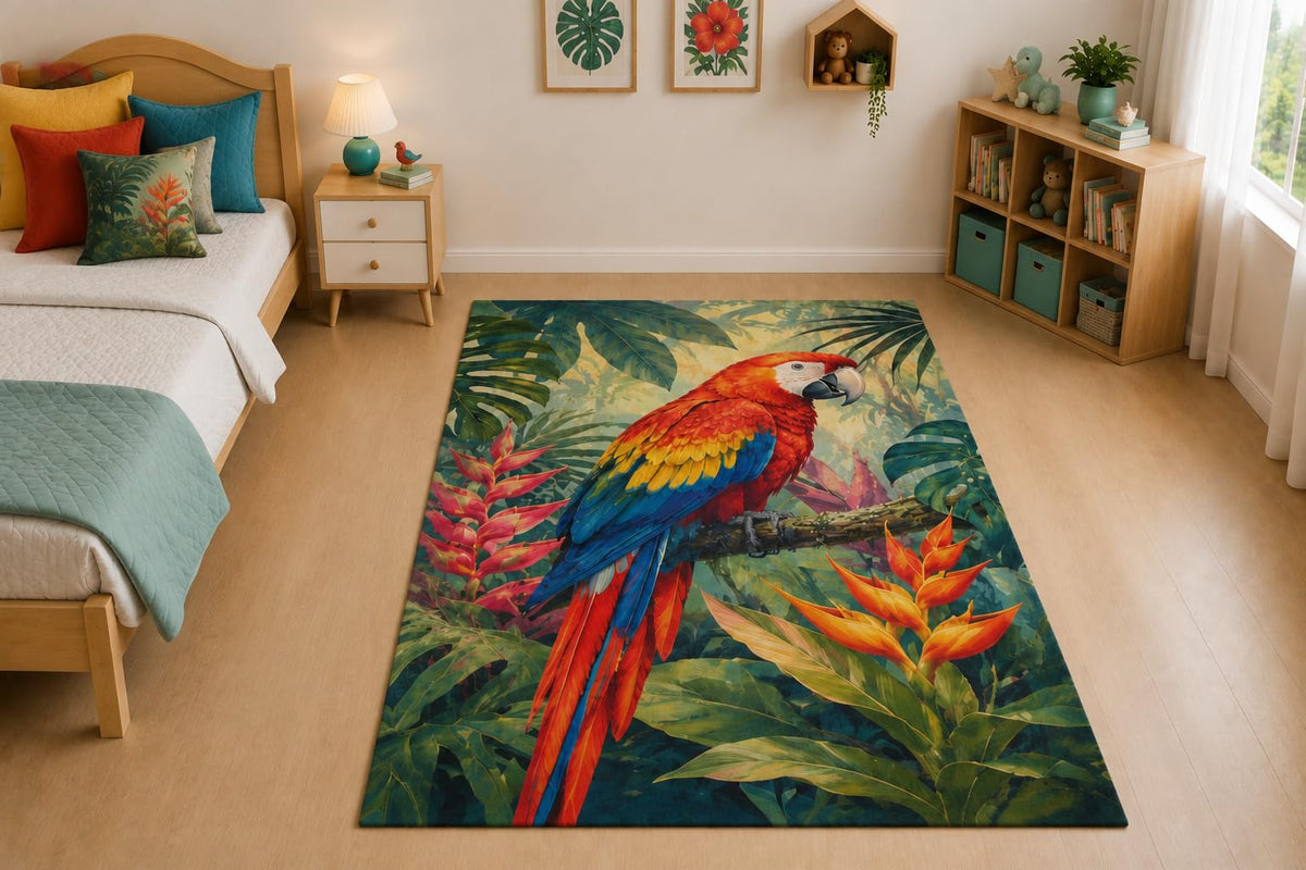 ICE ARMOR "Ultra Thin 5' x 7" Tropical Scarlet Macaw Area Rug for Living Room, Bedroom and Home Office, Soft Low Pile Carpet with Non-Slip Silicone Backing, Red and Green