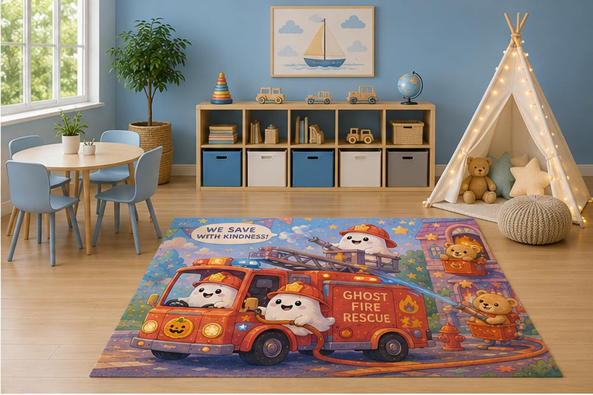 ICE ARMOR 5' x 7' Ghost Fire Rescue Kids Area Rug, Cute Halloween Ghost Fire Truck Firefighter Teddy Bear Cartoon Playroom Nursery Bedroom Decor, Non-Slip Silicone Backing Low Pile