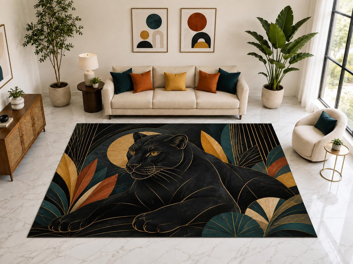 ICE ARMOR "Ultra Light Weight Large 6'7" x 9'10" Art Deco Panther Rug, Soft Low Pile Indoor Rug, Non-Slip Silicone Backing for Living Room Black