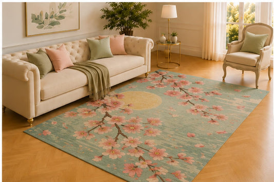 ICE ARMOR 5' x 7' Cherry Blossom Moon Rug, Pink Sakura Branches Beneath a Soft Golden Sun, Tranquil Floor Decor for Bedroom, Living Room or Meditation Space