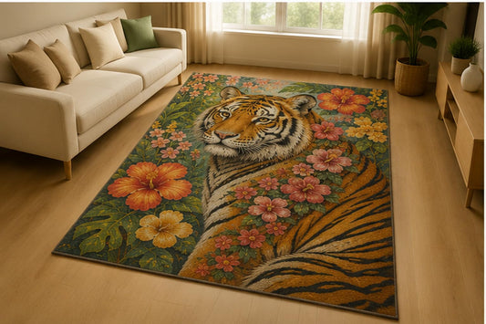 ICE ARMOR 5' x 7' Tropical Tiger Hibiscus Area Rug for Living Room, Soft Low Pile Indoor Rug with Non-Slip Silicone Backing, Jungle Wildlife Decor for Bedroom, Office, Family Room, Orange Green