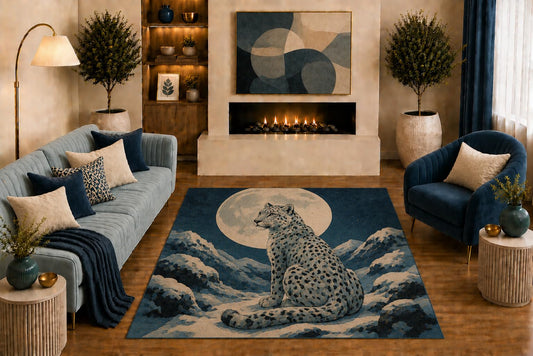 ICE ARMOR "Ultra Light Weight 5' x 7' Snow Leopard Area Rug Moonlit Mountain Wildlife Art Blue Beige for Living Room Bedroom Cabin Decor Non-Slip Silicone Backing Low Pile