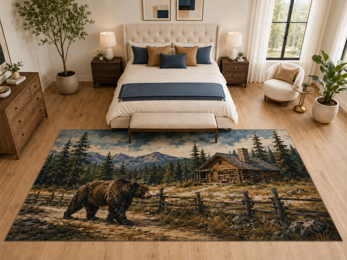 ICE ARMOR "Ultra Light Weight Large 6'7" x 9'10" Bear Cabin Mountain Rug for Bedroom, Soft Low Pile Indoor Rug and Non-Slip Silicone Backing, Brown