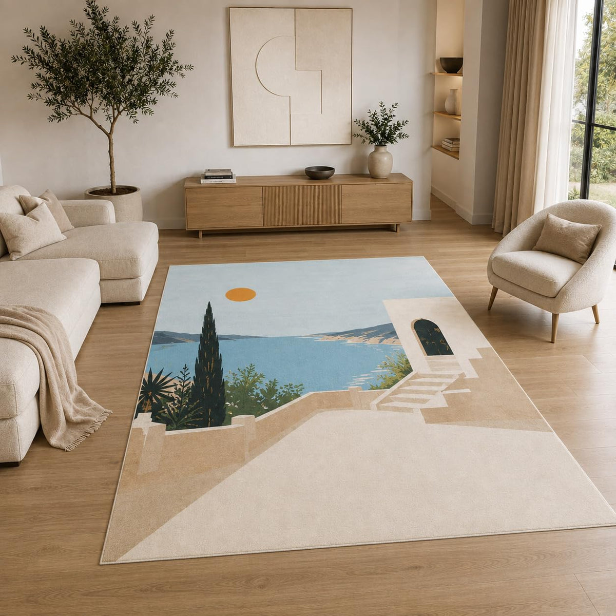 ICE ARMOR 5' x 7' Coastal Mediterranean Scenic Area Rug for Living Room, Soft Low Pile Indoor Rug with Non-Slip Silicone Backing, Decorative Carpet for Bedroom, Office, Blue