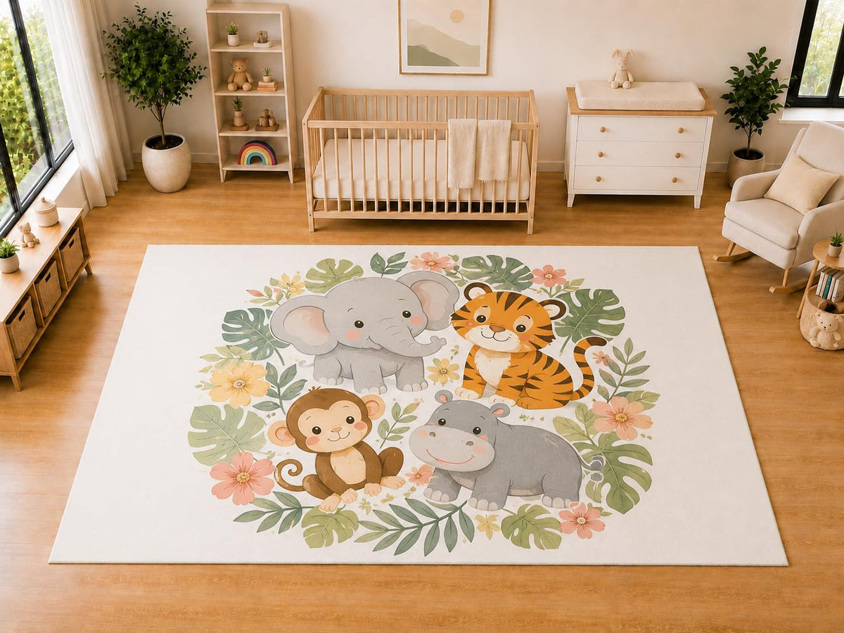 ICE ARMOR "Ultra Light Weight Large 6'7 x 9'10 Safari Friends Area Rug for Kids Room, Nursery, Playroom, Soft Low Pile Indoor Carpet, Elephant Tiger Monkey Hippo Decor