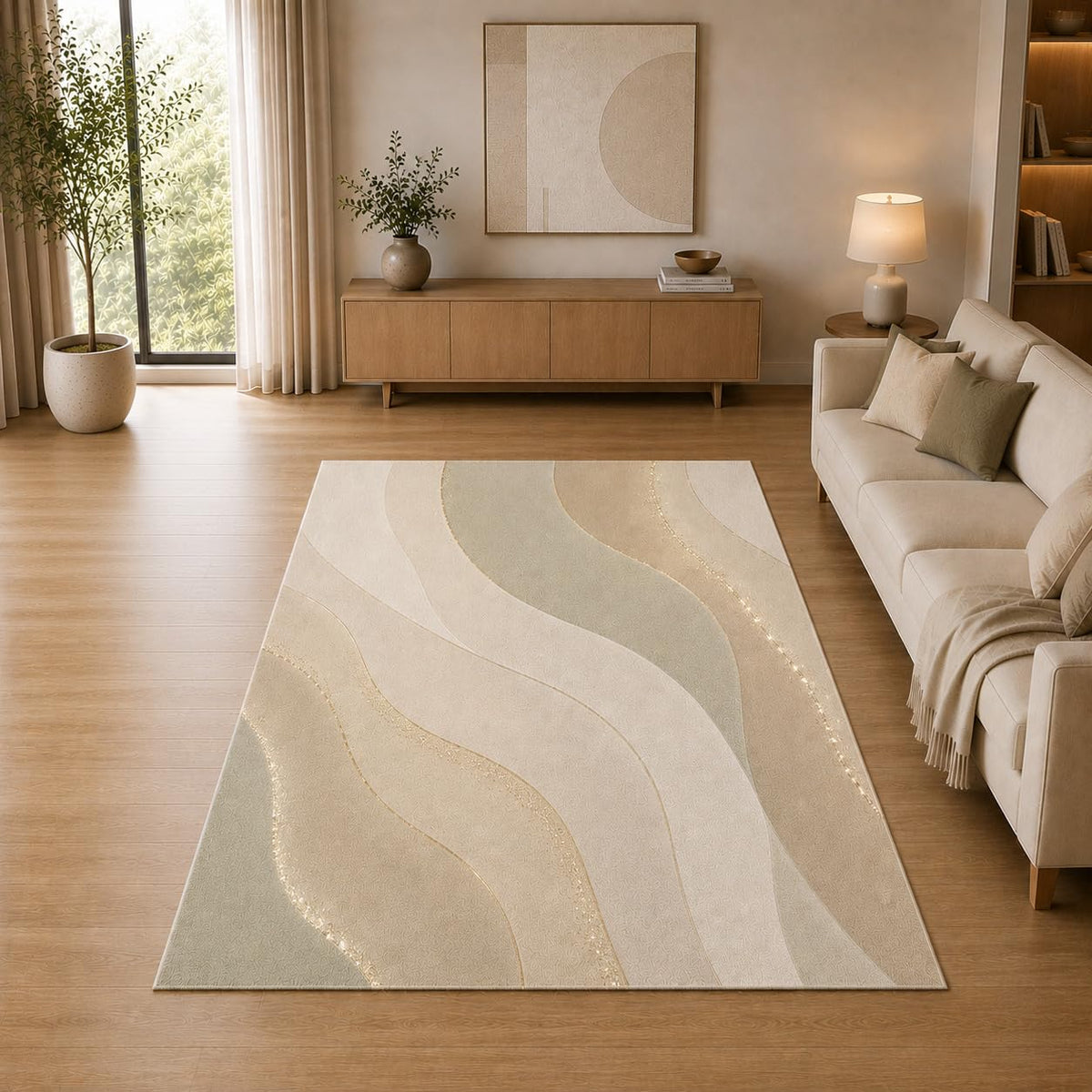 ICE ARMOR 5' x 7' Modern Flowing Wave Area Rug for Living Room, Soft Low Pile Indoor Rug with Non-Slip Silicone Backing, Decorative Carpet for Bedroom, Office, Family Room, Sage Green