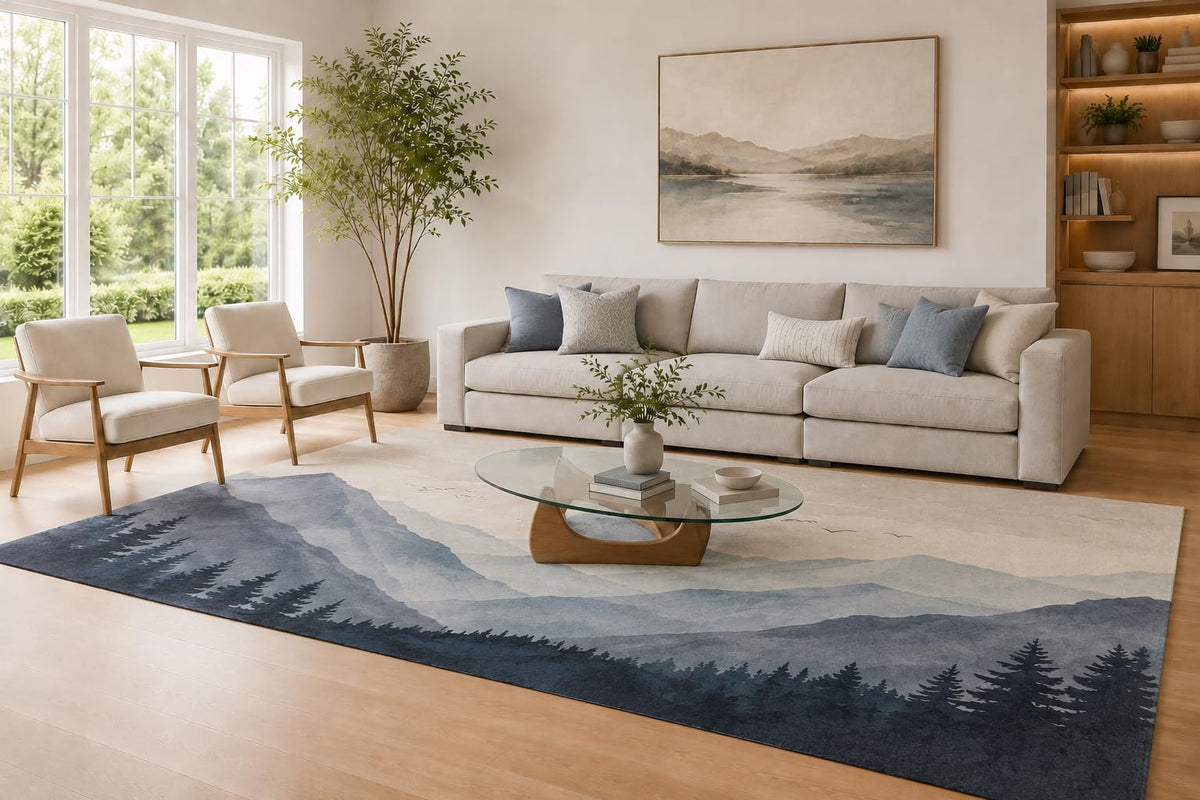 ICE ARMOR Large 6'7" x 9'10" Navy Blue and Cream Forest Layers Area Rug for Living Room, Soft Low Pile Carpet with Non-Slip Silicone Backing, Decor for Bedroom and Home Office