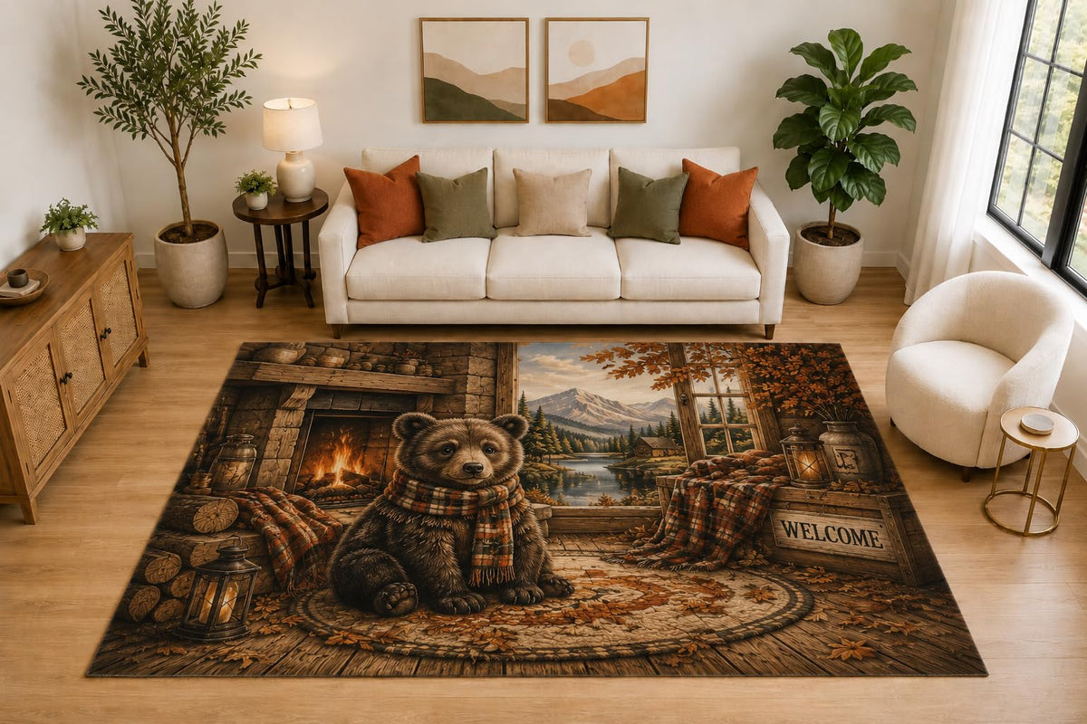 ICE ARMOR "Ultra Light Weight Large 6'7" x 9'10" Scarf Bear Fireplace Rug, Soft Low Pile Indoor Rug, Non-Slip Silicone Backing for Bedroom Brown