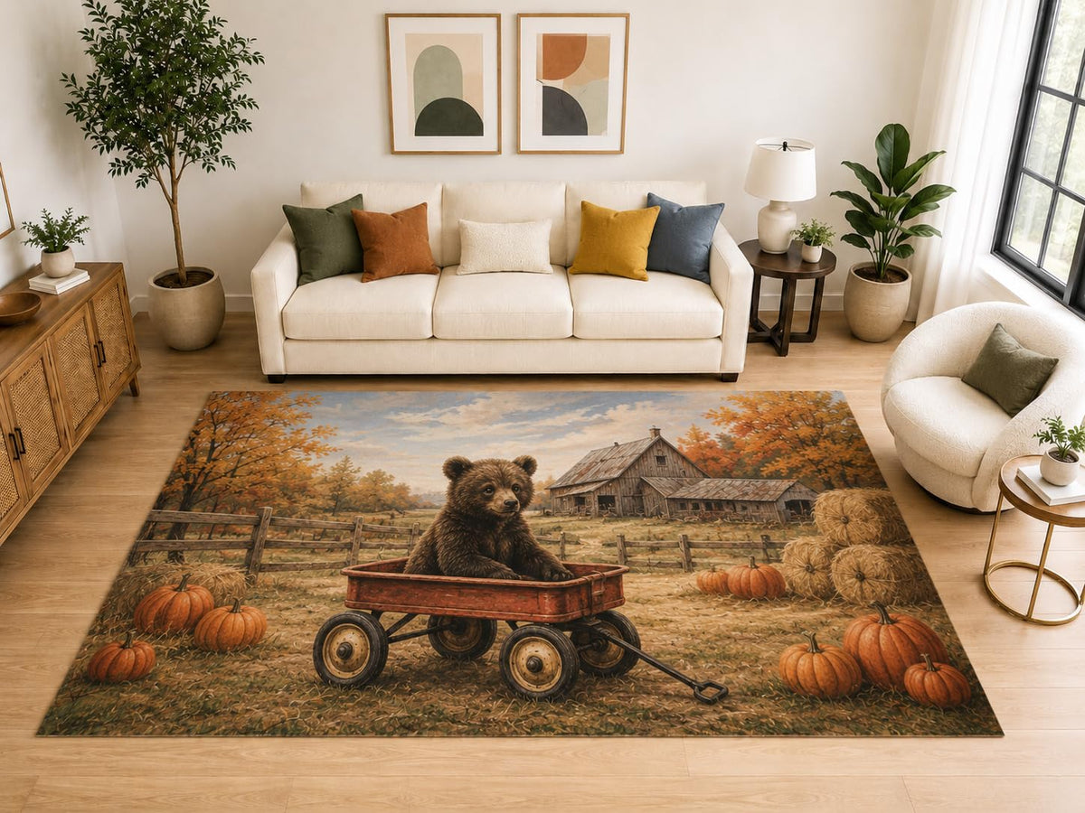 ICE ARMOR "Ultra Light Weight Large 6'7" x 9'10" Bear Cub Wagon Farm Area Rug, Soft Low Pile Indoor Rug, Non-Slip Silicone Backing, Kids Room, Brown