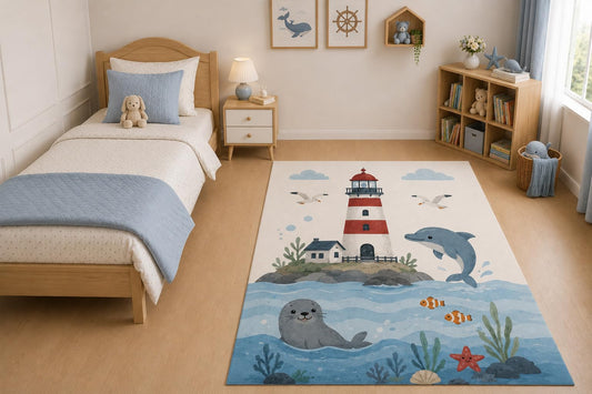ICE ARMOR "Ultra Light Weight 5' x 7' Ocean Lighthouse Area Rug for Living Room, Bedroom and Home Office, Soft Low Pile Carpet with Non-Slip Silicone Backing, Blue and Gray