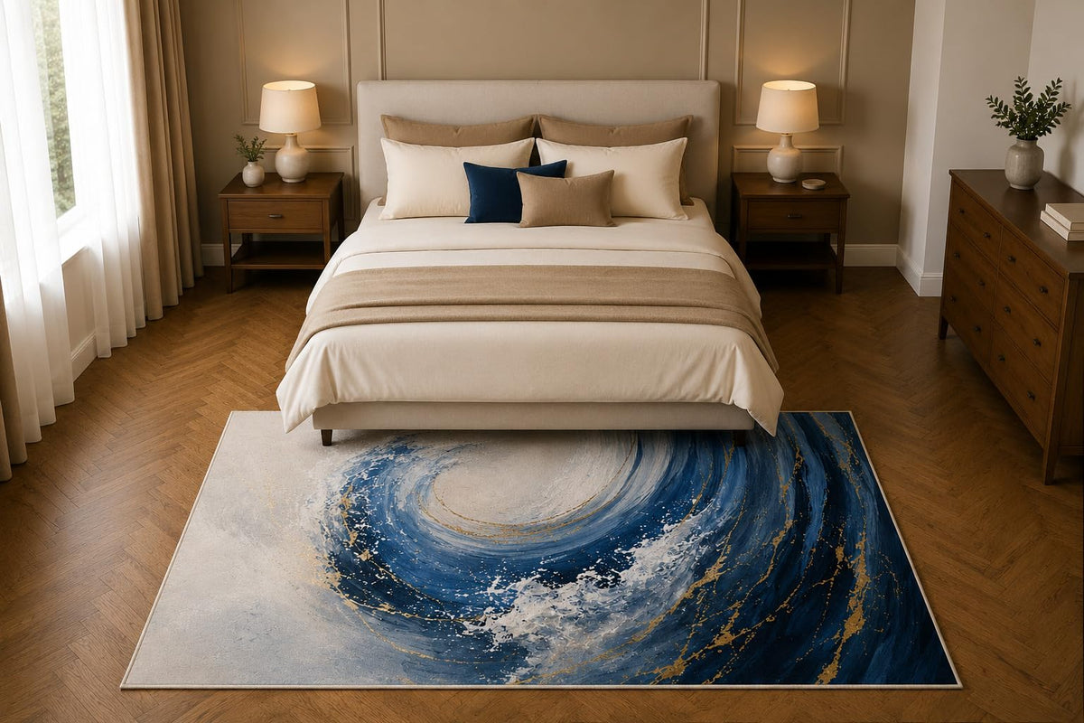 ICE ARMOR 5' x 7' Blue Ocean Swirl Area Rug, Abstract Coastal Wave Art Living Room Bedroom Office Decor, Non-Slip Silicone Backing Low Pile Carpet