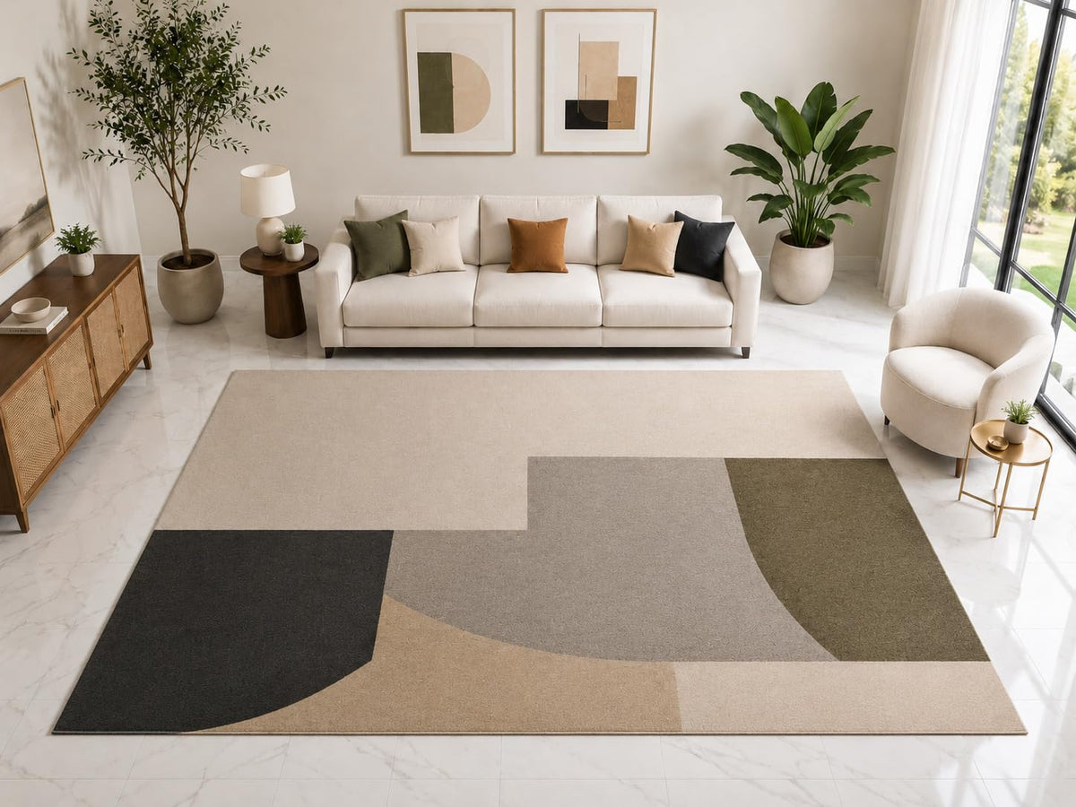 ICE ARMOR "Ultra Light Weight Large 6'7" x 9'10" Modern Geometric Curve Rug, Soft Low Pile Indoor Rug, Non-Slip Silicone Backing for Living Room Beige