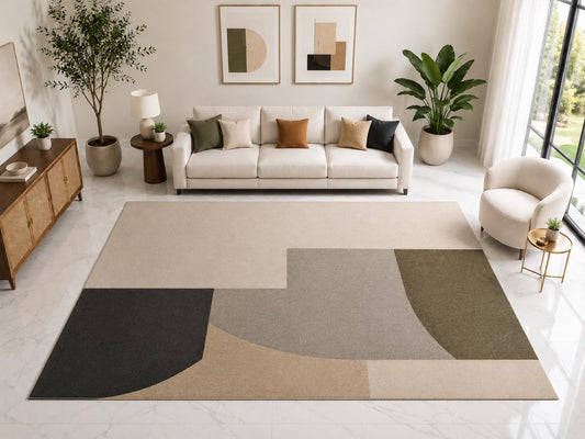 ICE ARMOR "Ultra Light Weight Large 6'7" x 9'10" Modern Geometric Curve Rug, Soft Low Pile Indoor Rug, Non-Slip Silicone Backing for Living Room Beige