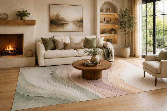 ICE ARMOR Large 6'7" x 9'10" Sage Green and Blush Pink Flowing Ribbons Area Rug for Living Room, Soft Low Pile Carpet with Non-Slip Silicone Backing, Decor for Bedroom, Dining Area and Home Office
