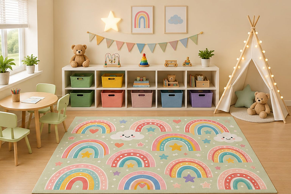 ICE ARMOR 5' x 7' Pastel Rainbow Area Rug for Kids Playroom Nursery Bedroom, Cute Rainbows Smiling Clouds Stars Whimsical Cartoon Decor, Non-Slip Silicone Backing Low Pile