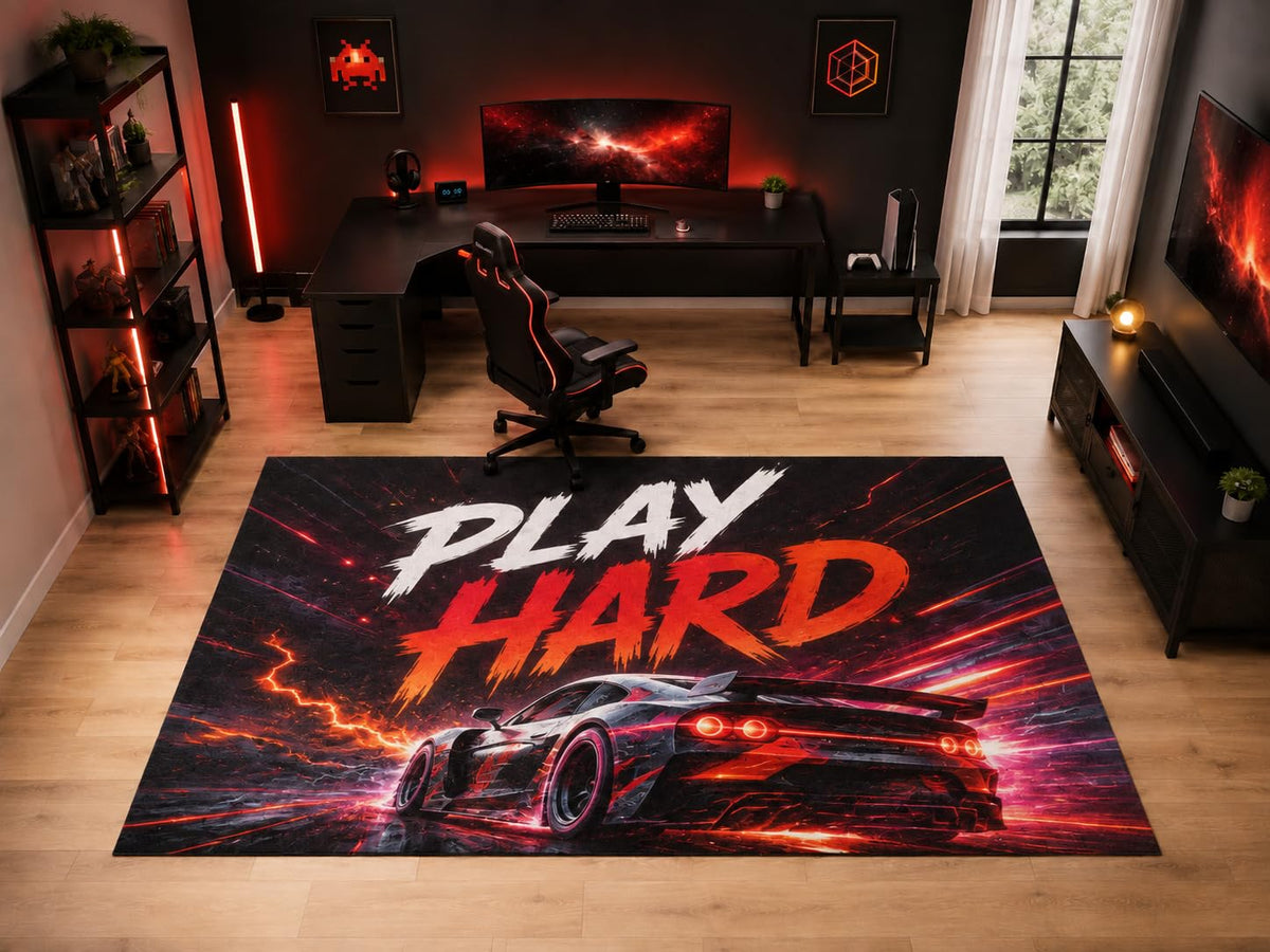 ICE ARMOR "Ultra Light Weight Large 6'7" x 9'10" Racing Car Play Hard Rug, Soft Low Pile Indoor Rug, Non-Slip Silicone Backing for Kids Room Black