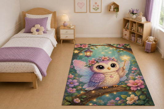 ICE ARMOR "Ultra Light Weight 5' x 7' Fairy Owl Wand Area Rug for Living Room, Bedroom and Home Office, Soft Low Pile Carpet with Non-Slip Silicone Backing, Purple and Teal