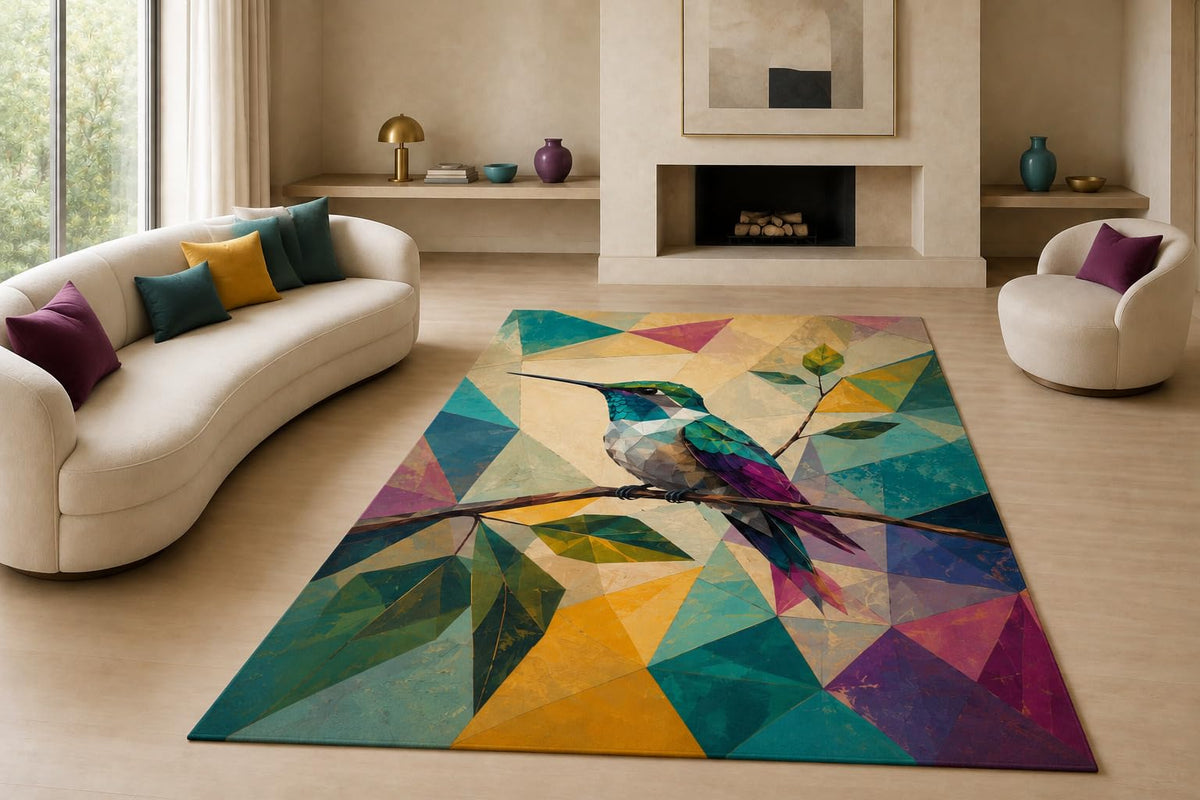 ICE ARMOR "Ultra Lightweight Large 6'7" x 9'10" Hummingbird Branch Area Rug for Living Room, Bedroom and Home Office, Soft Low Pile Carpet with Non-Slip Silicone Backing, Teal and Purple