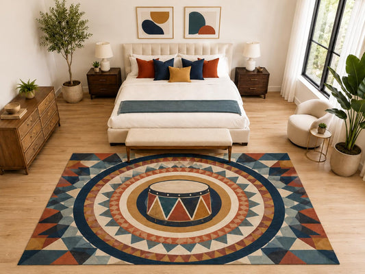 ICE ARMOR "Ultra Light Weight Large 6'7" x 9'10" Geometric Drum Music Rug, Soft Low Pile Indoor Rug, Non-Slip Silicone Backing for Bedroom Navy