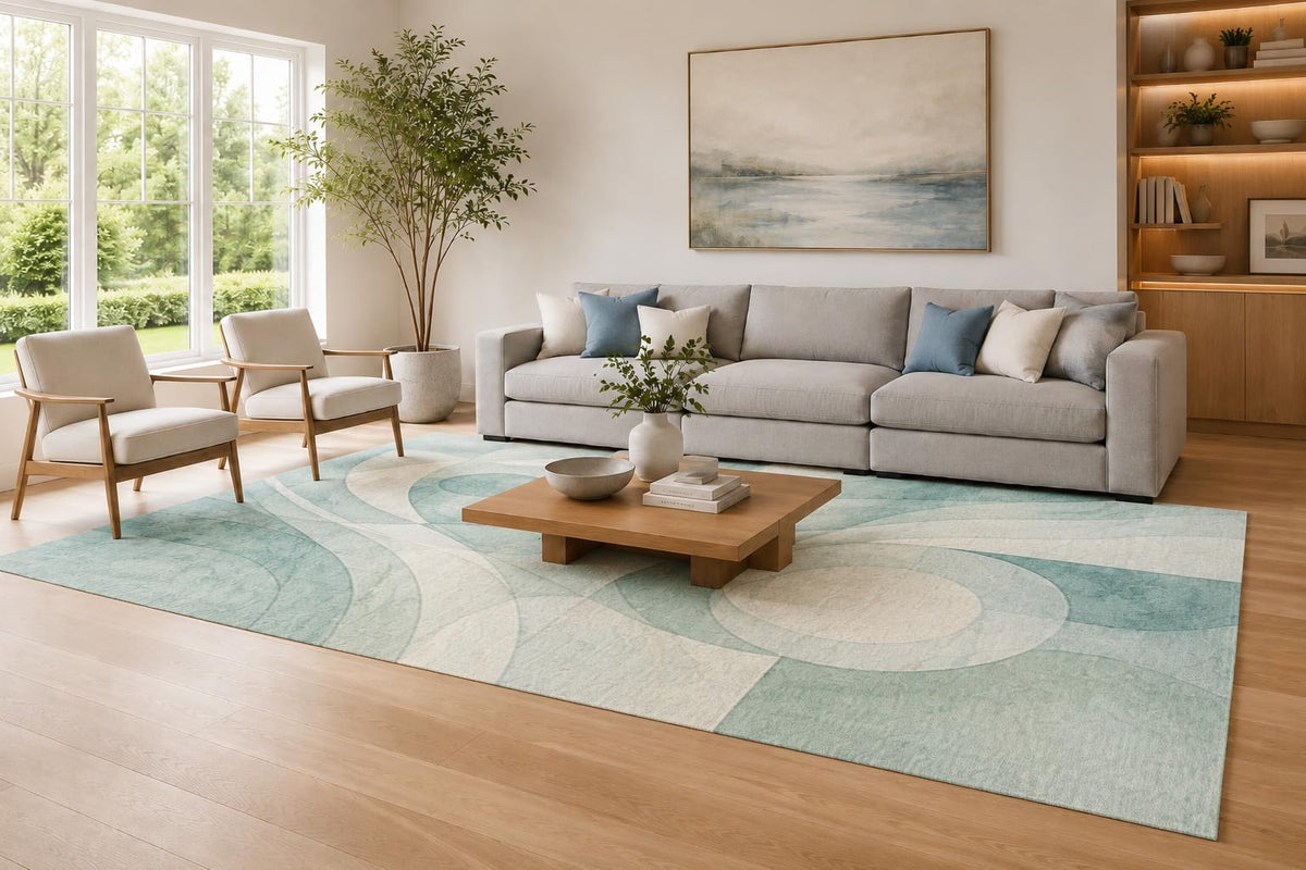 ICE ARMOR Large 6'7" x 9'10" Aqua and Ivory Looping Current Area Rug for Living Room, Soft Low Pile Carpet with Non-Slip Silicone Backing, Decor for Bedroom, Dining Area and Home Office