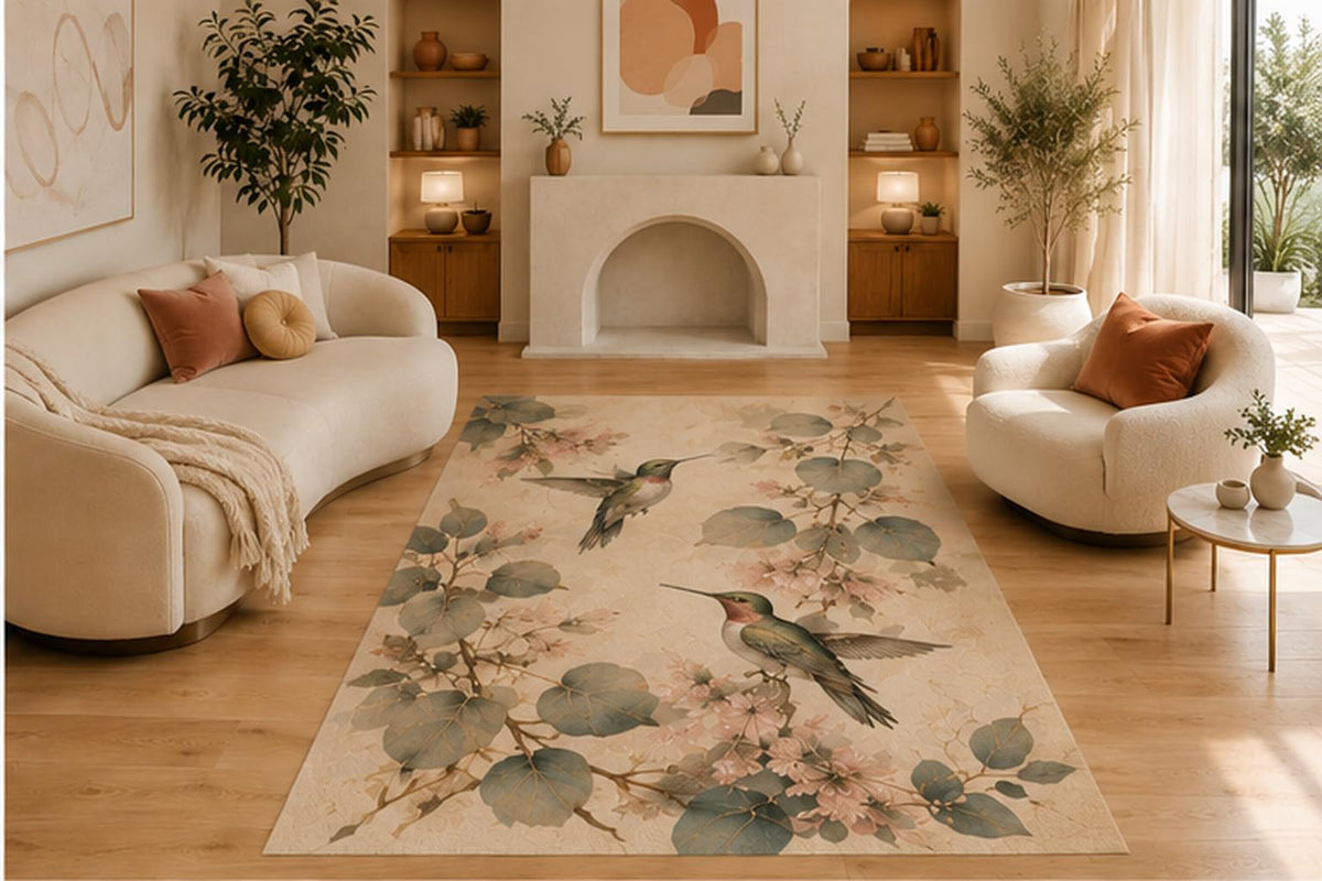 ICE ARMOR 5' x 7' Hummingbird Eucalyptus Botanical Area Rug, Soft Low Pile Non-Slip Indoor Carpet for Living Room, Bedroom, Office, Sunroom and Nature Inspired Home Decor, Green