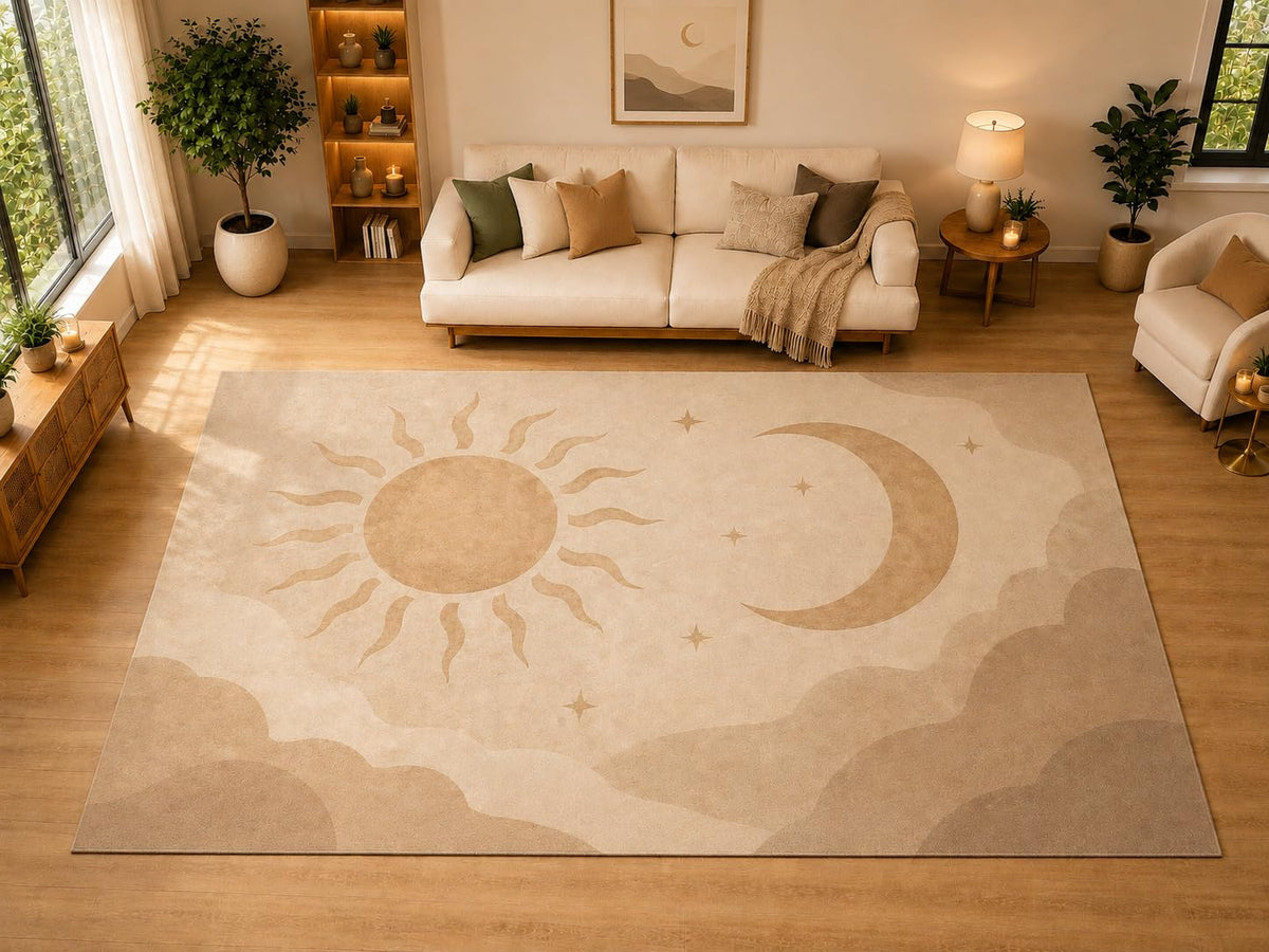 ICE ARMOR "Ultra Light Weight Large 6'7" x 9'10" Sun Crescent Sky Area Rug for Living Room, Bedroom, Dining Room, Soft Low Pile Non-Slip Backing, Neutral Taupe