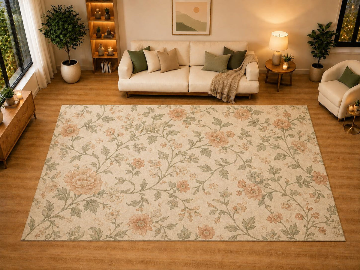 ICE ARMOR "Ultra Light Weight Large 6'7" x 9'10" Vintage Blossom Vine Area Rug for Living Room, Bedroom, Dining Room, Soft Low Pile Non-Slip Backing, Peach Sage
