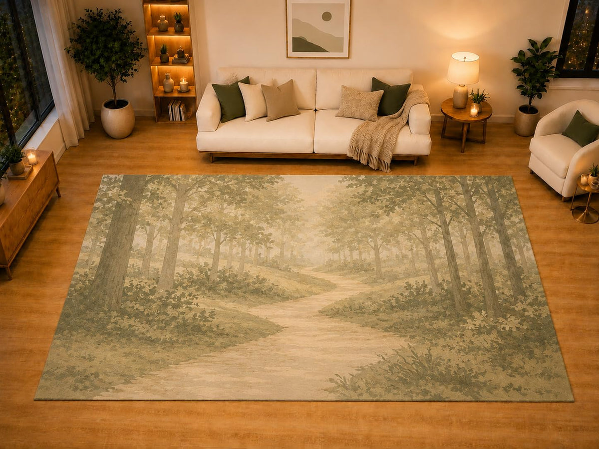 ICE ARMOR "Ultra Light Weight Large 6'7" x 9'10" Quiet Woodland Trail Area Rug for Living Room, Bedroom, Dining Room, Soft Low Pile Non-Slip Backing, Moss Linen