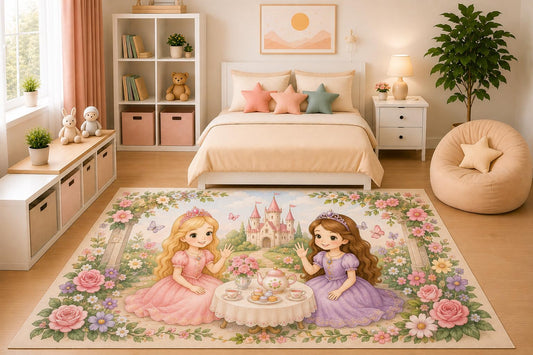 ICE ARMOR 5' x 7' Princess Tea Party Area Rug Cute Fairytale Floral Garden Nursery Bedroom Playroom Decor for Girls Kids Room Non-Slip Silicone Backing Low Pile