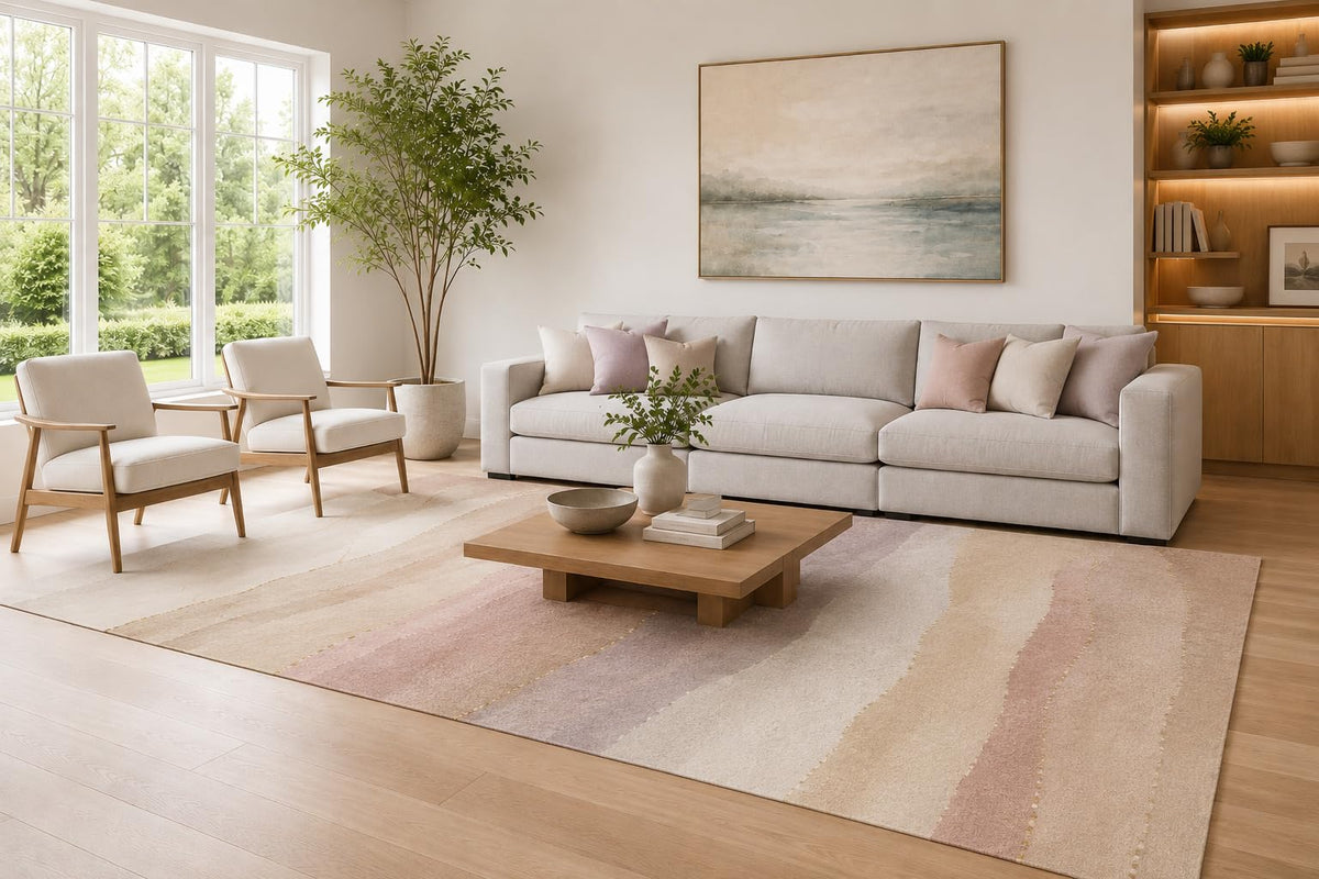 ICE ARMOR Large 6'7" x 9'10" Blush Pink and Beige Modern Stripe Waves Area Rug for Living Room, Soft Low Pile Carpet with Non-Slip Silicone Backing, Decor for Bedroom and Home Office
