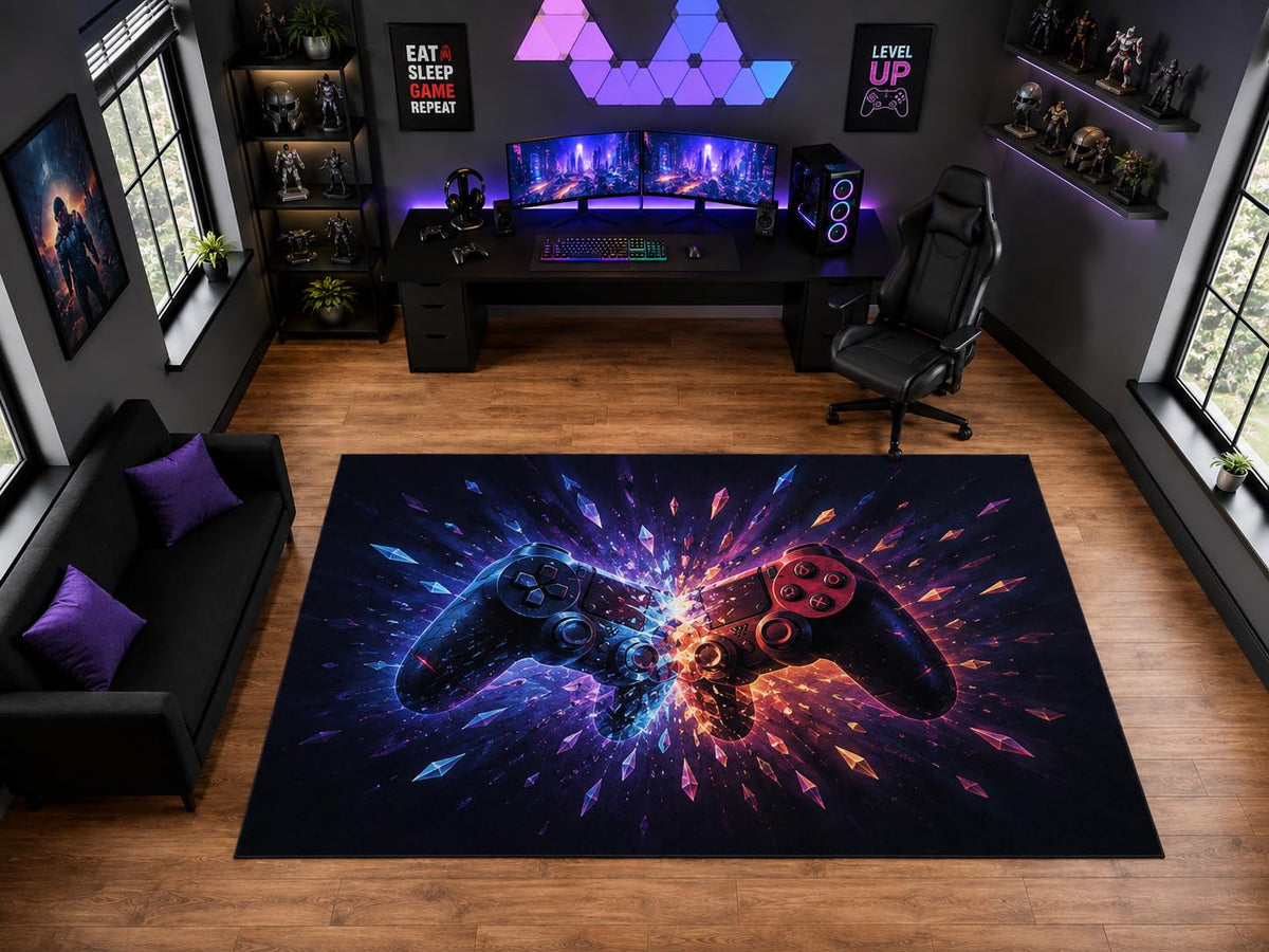 ICE ARMOR "Ultra Light Weight Large 6'7" x 9'10" Dual Game Controllers Burst Area Rug for Playroom Decor, Soft Low Pile Indoor Rug with Non-Slip Silicone Backing, Black Red Blue
