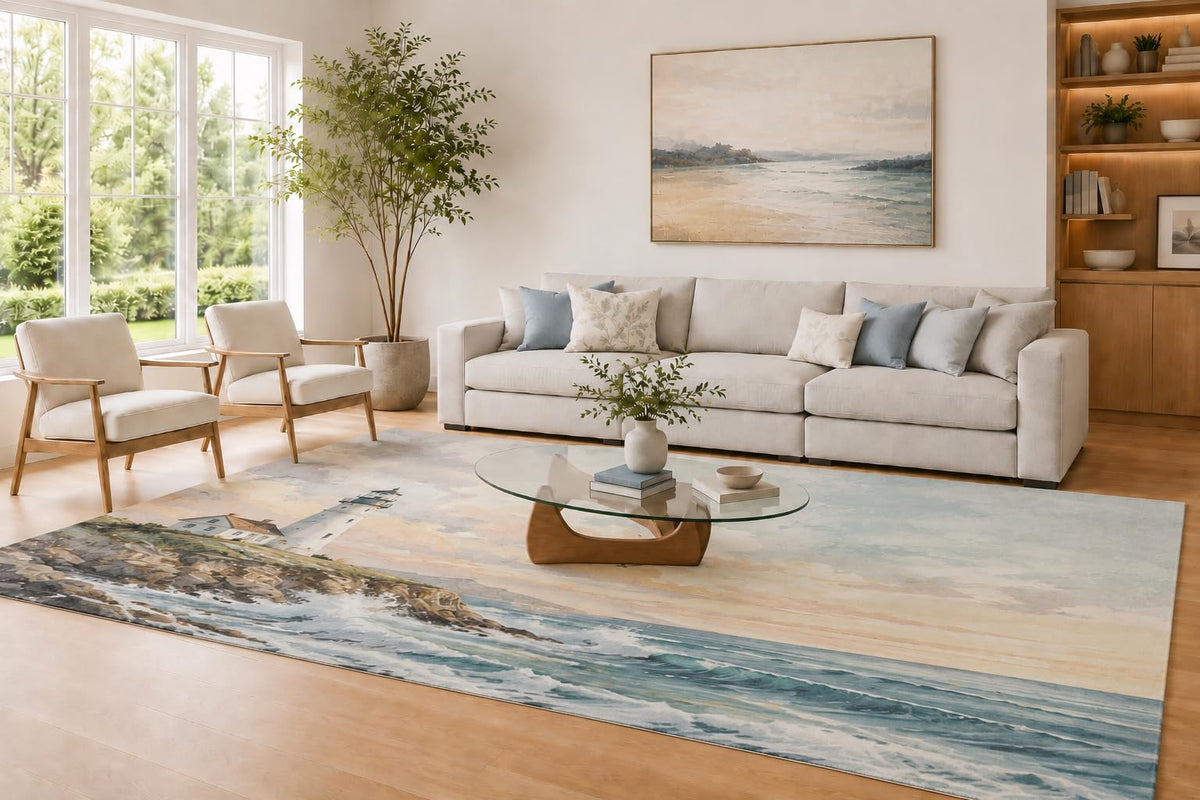 ICE ARMOR Large 6'7" x 9'10" Blue and Cream Coastal Lighthouse Area Rug for Living Room, Soft Low Pile Carpet with Non-Slip Silicone Backing, Decor for Bedroom and Home Office