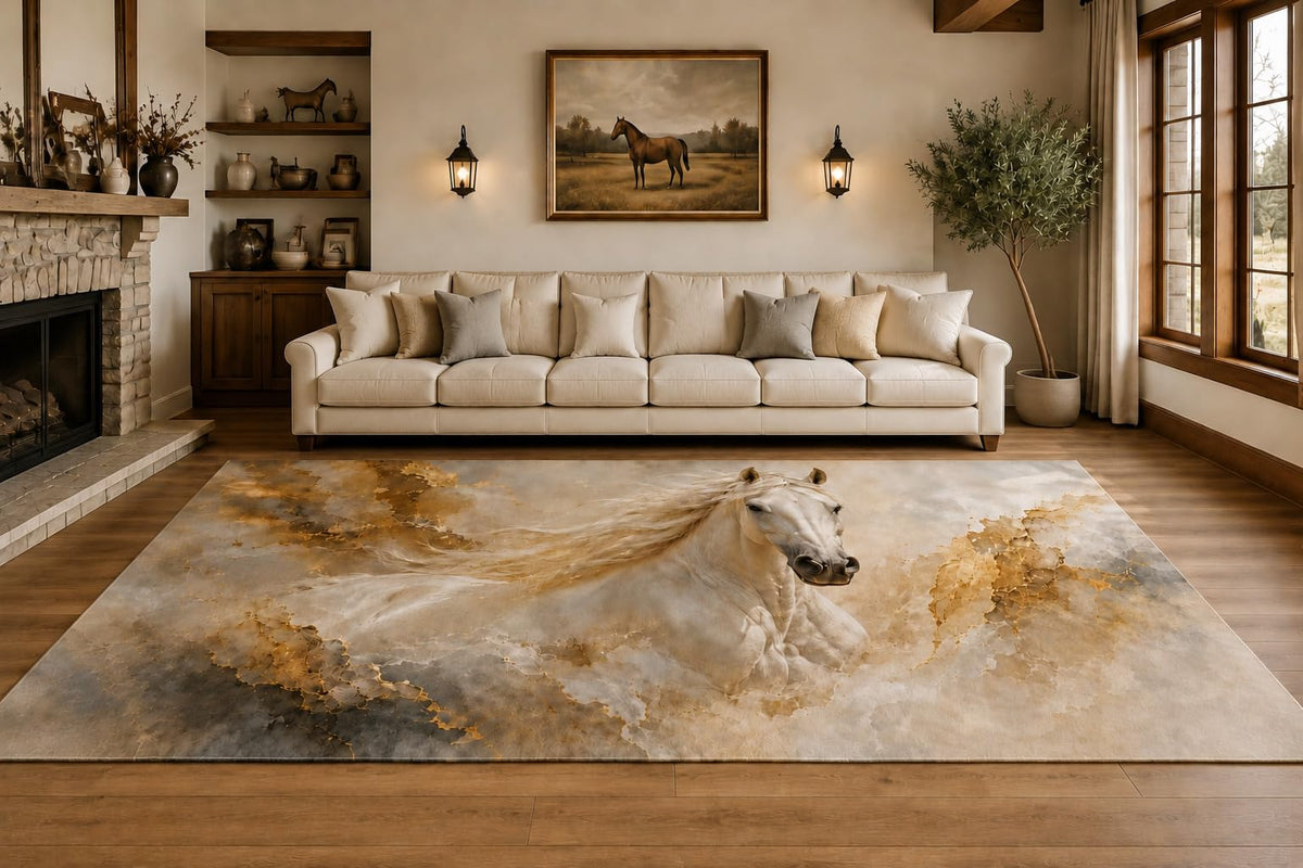 ICE ARMOR "Ultra Lightweight Large 6'7" x 9'10" White Horse Area Rug for Living Room, Bedroom and Home Office, Soft Low Pile Carpet with Non-Slip Silicone Backing, Cream and Golden Color