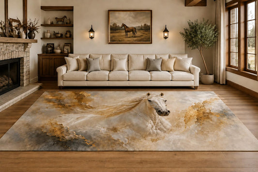 ICE ARMOR "Ultra Lightweight Large 6'7" x 9'10" White Horse Area Rug for Living Room, Bedroom and Home Office, Soft Low Pile Carpet with Non-Slip Silicone Backing, Cream and Golden Color