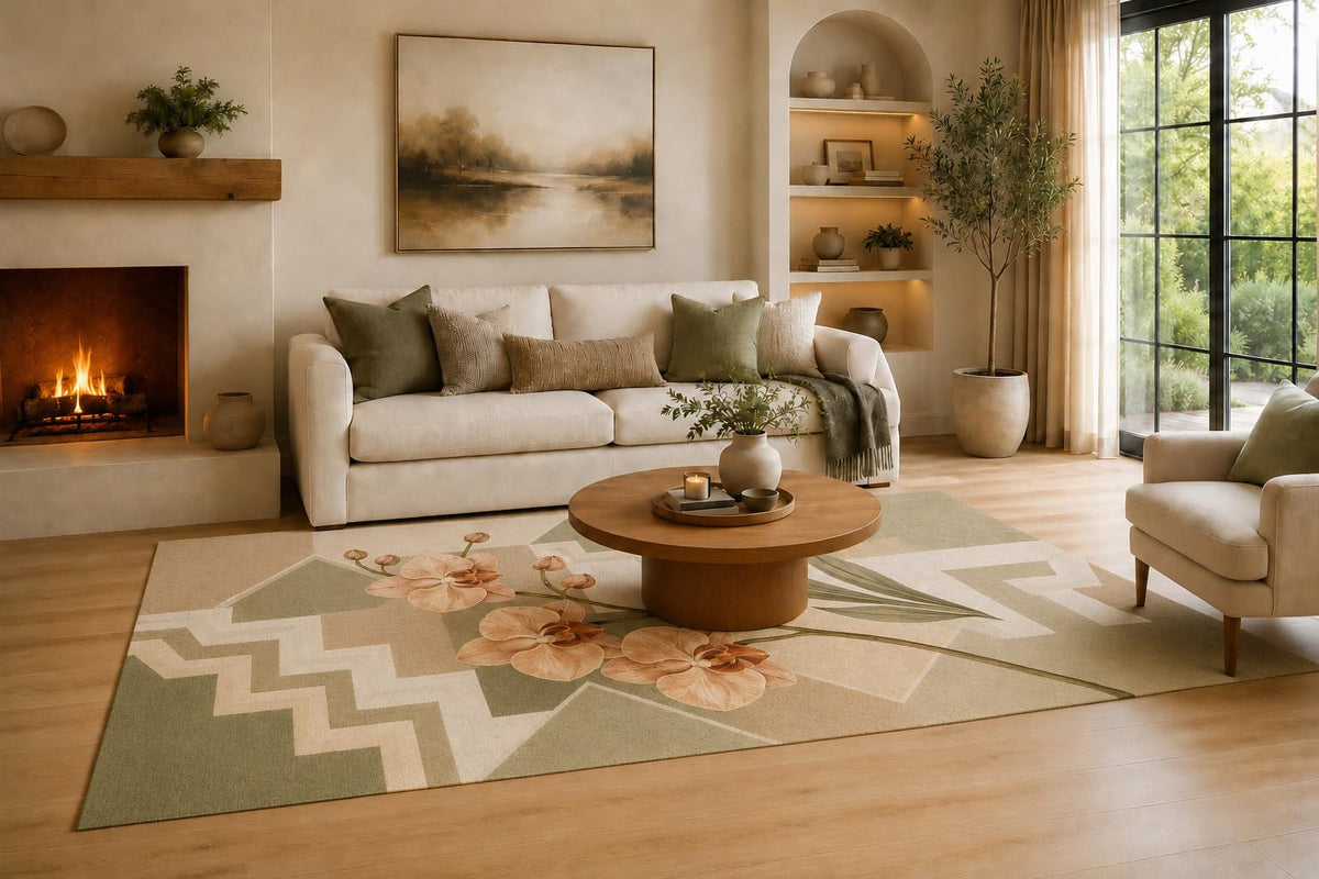 ICE ARMOR Large 6'7" x 9'10" Peach, Sage Green and Cream Orchid Zigzag Area Rug for Living Room, Soft Low Pile Carpet with Non-Slip Silicone Backing, Decor for Bedroom, Dining Area and Home Office