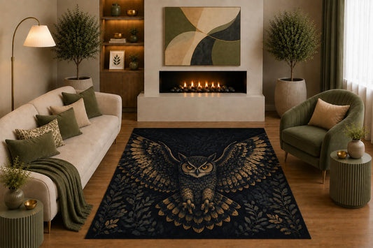 ICE ARMOR "Ultra Light Weight 5' x 7' Black Gold Flying Owl Area Rug Gothic Botanical Bird Art for Living Room Bedroom Office Decor Non-Slip Silicone Backing Low Pile