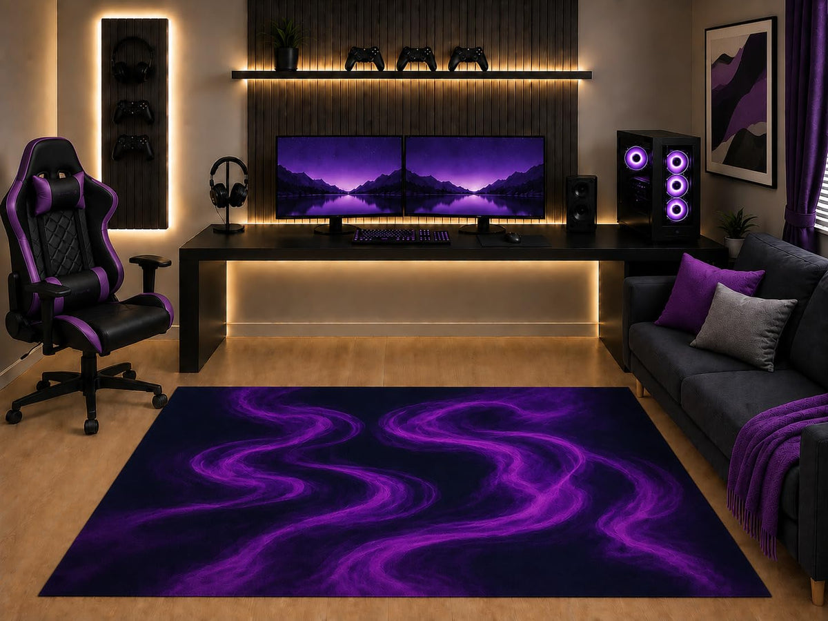 ICE ARMOR "Ultra Light Weight 5' x 7' Purple Neon Smoke Area Rug Modern Abstract Flowing Energy Art for Gaming Room Bedroom Living Room Non-Slip Silicone Backing Low Pile