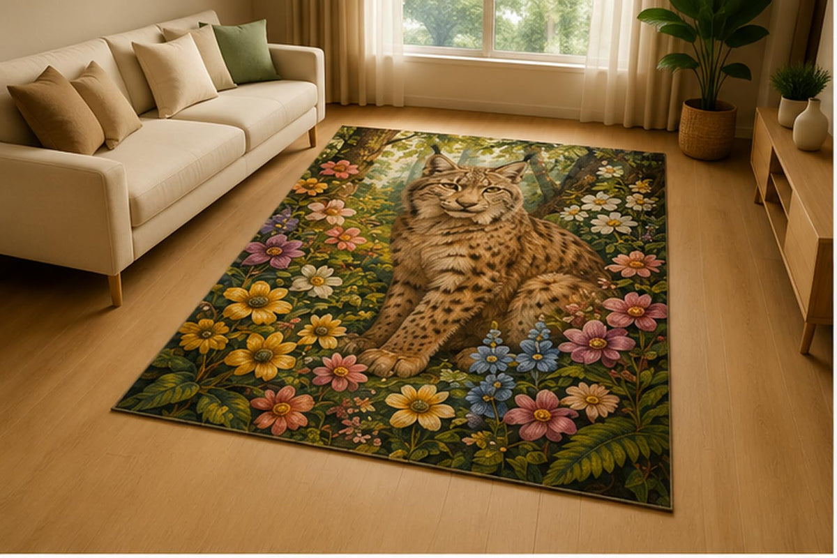 ICE ARMOR 5' x 7' Bobcat Forest Wildflower Area Rug for Living Room, Soft Low Pile Indoor Rug with Non-Slip Silicone Backing, Woodland Wildlife Decor for Bedroom, Office, Family Room, Kids & Pets,