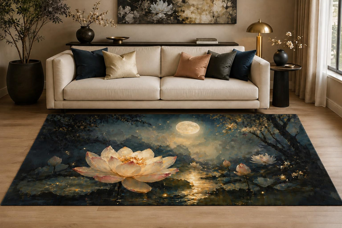 ICE ARMOR "Ultra Lightweight Large 6'7" x 9'10" Moonlit Lotus Glow Area Rug for Living Room, Bedroom and Home Office, Soft Low Pile Carpet with Non-Slip Silicone Backing, Navy and Cream