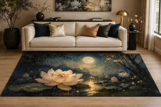 ICE ARMOR "Ultra Lightweight Large 6'7" x 9'10" Moonlit Lotus Glow Area Rug for Living Room, Bedroom and Home Office, Soft Low Pile Carpet with Non-Slip Silicone Backing, Navy and Cream