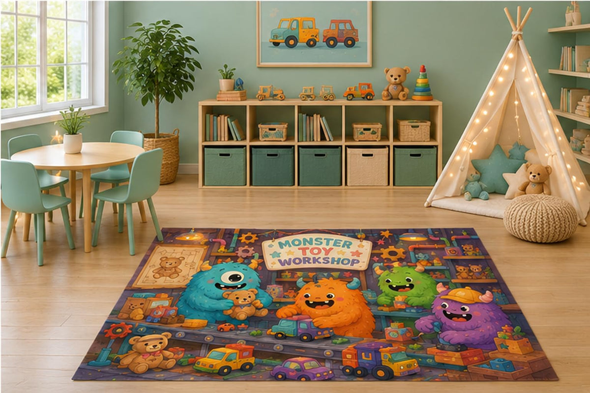 ICE ARMOR 5' x 7' Monster Workshop Kids Area Rug, Cute Cartoon Monsters Teddy Bears Toy Factory Playroom Nursery Bedroom Decor, Non-Slip Silicone Backing Low Pile