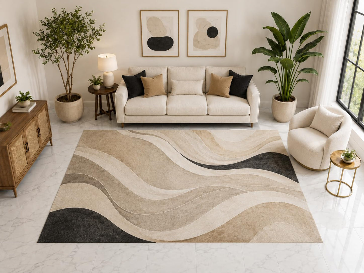 ICE ARMOR Large 6'7" x 9'10" Abstract Flowing Curve Area Rug, Soft Low Pile Indoor Rug with Non-Slip Silicone Backing for Living Room Bedroom, Beige Gray