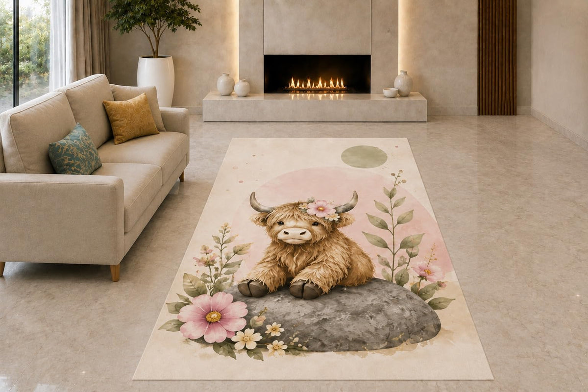 ICE ARMOR "Ultra Light Weight 5' x 7' Resting Highland Cow Area Rug for Living Room, Bedroom and Home Office, Soft Low Pile Carpet with Non-Slip Silicone Backing, Brown and Pink
