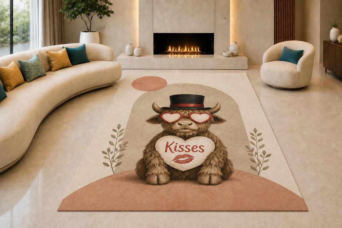 ICE ARMOR "Ultra Lightweight Large 6'7" x 9'10" Highland Cow Kisses Area Rug for Living Room, Bedroom and Home Office, Soft Low Pile Carpet with Non-Slip Silicone Backing, Brown and Pink