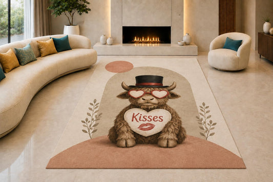 ICE ARMOR "Ultra Lightweight Large 6'7" x 9'10" Highland Cow Kisses Area Rug for Living Room, Bedroom and Home Office, Soft Low Pile Carpet with Non-Slip Silicone Backing, Brown and Pink