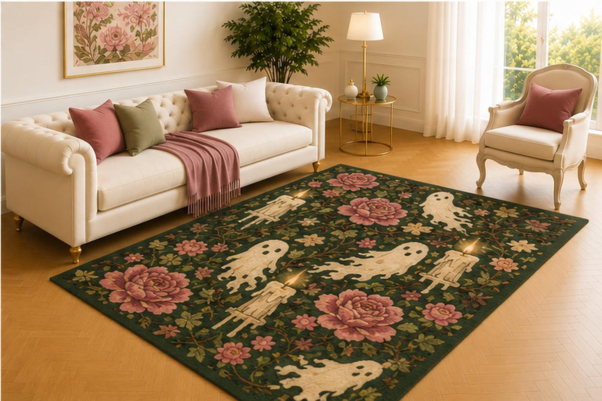 ICE ARMOR 5' x 7' Haunted Rose Ghost Rug, Dark Green Floral Pattern with Floating Spirits and Candles, Gothic Floor Accent for Bedroom, Den or Reading Room