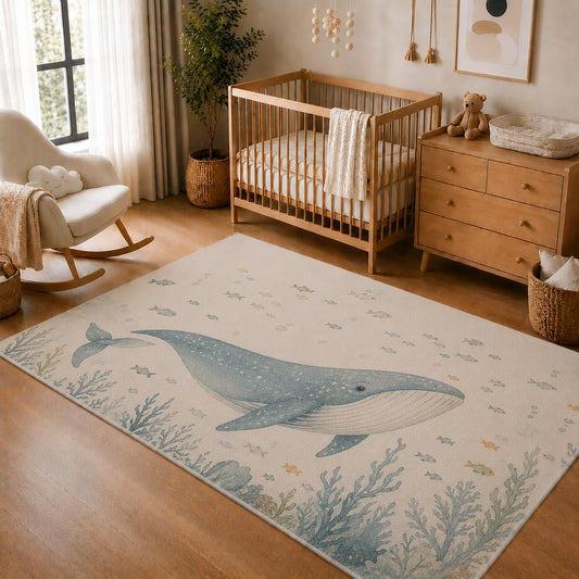 ICE ARMOR 5' x 7' Blue Whale Ocean Area Rug, Soft Low Pile Indoor Rug with Non-Slip Silicone Backing, Coastal Nursery Carpet for Kids Room, Playroom, Bedroom, Kids and Pets, Blue White