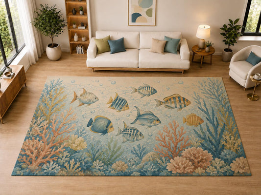 ICE ARMOR "Ultra Light Weight Large 6'7" x 9'10" Reef Fish, Living Room, Bedroom, Dining Room, Office, Family Room, Soft Low Pile Indoor Rug, Non-Slip Silicone Backing, Blue