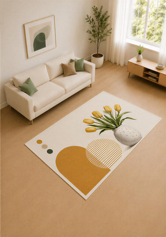 ICE ARMOR 5' x 7' Yellow and Ivory Tulip Vase Area Rug for Living Room, Soft Low Pile Carpet with Non-Slip Silicone Backing, Decor for Bedroom and Home Office